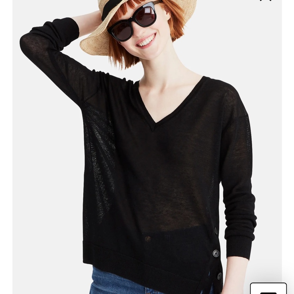 J Crew black side button linen blend top sweater. Size medium.